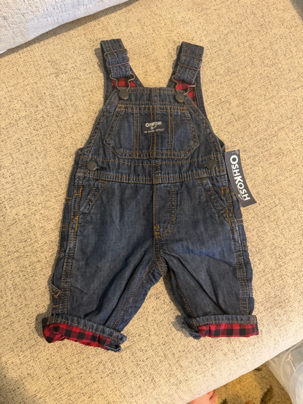 OshKosh B'gosh Dark Blue Denim Kids Overalls with Red Plaid Trim